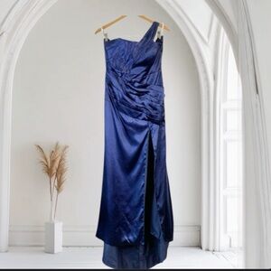 ELEGANT Blue Satin One Shoulder Pleated Front Lace Up Back Formal Dress Sz 10